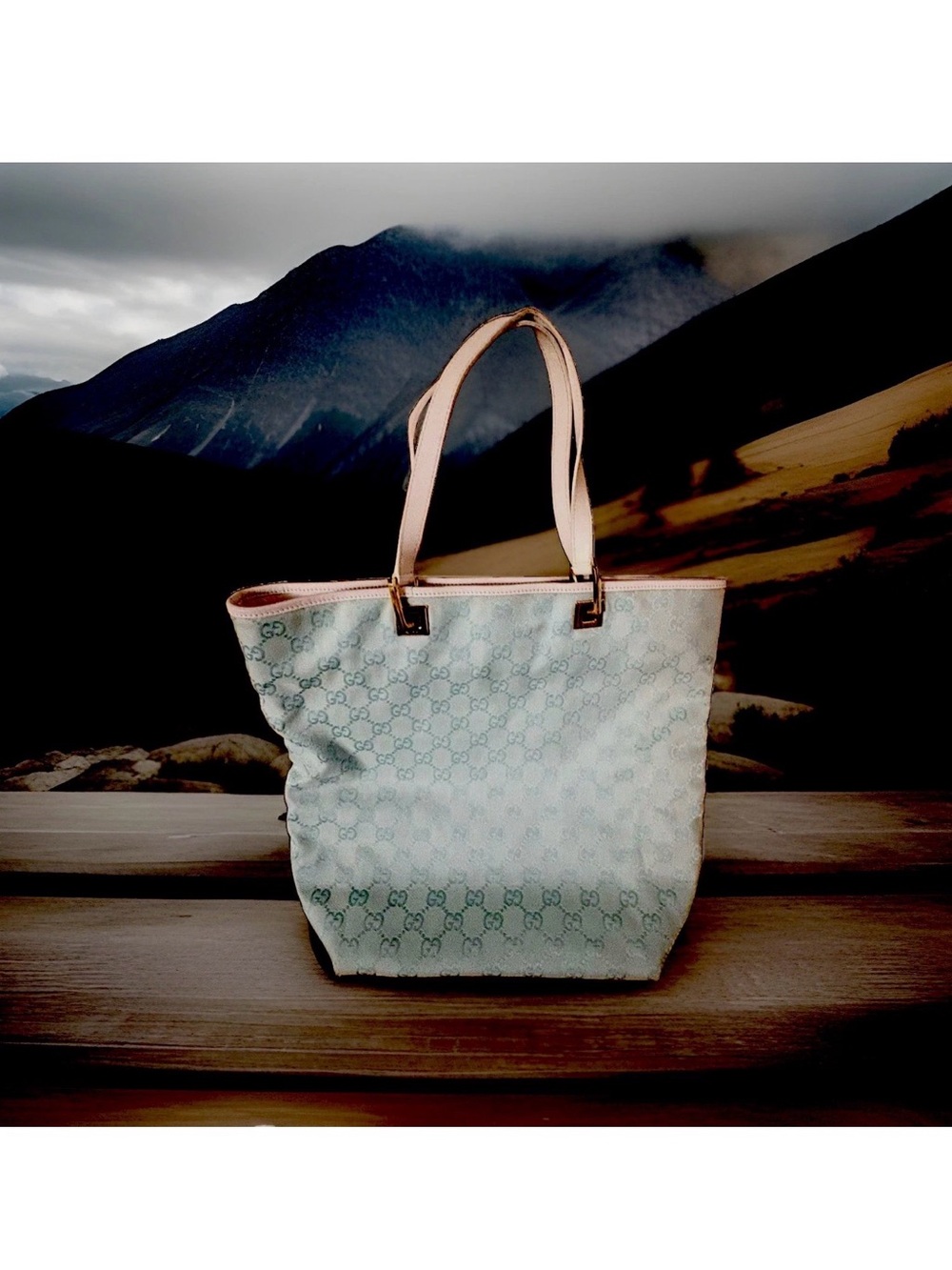 Authentic GUCCI GG Canvas Leather Hand Tote Bag Light Blue. Clean
